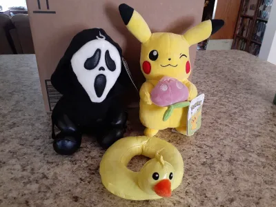 Pikachu, Ghost Face, and a plushie Duckie innertube? lol
